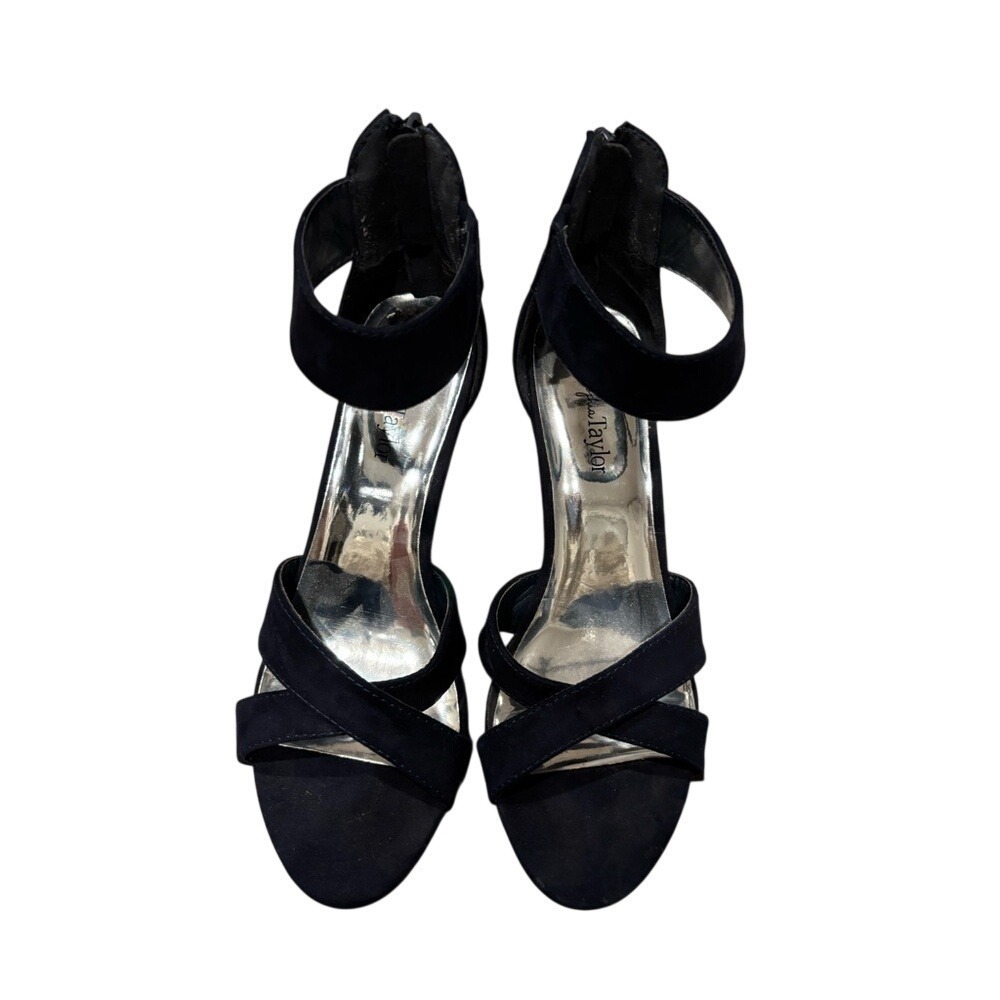 Sophia Taylor Navy Blue Faux Suede Wedge Sandals Ankle Strap Navy 7.5M